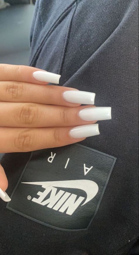 Coffin White Nails Design, Girly Acrylic Nails White, Medium Nails White, White Nail Inspo Coffin, Medium White Nails, Simple White Acrylic Nails, Basic White Nails, White Acrylic Nails Coffin, Nails Long White