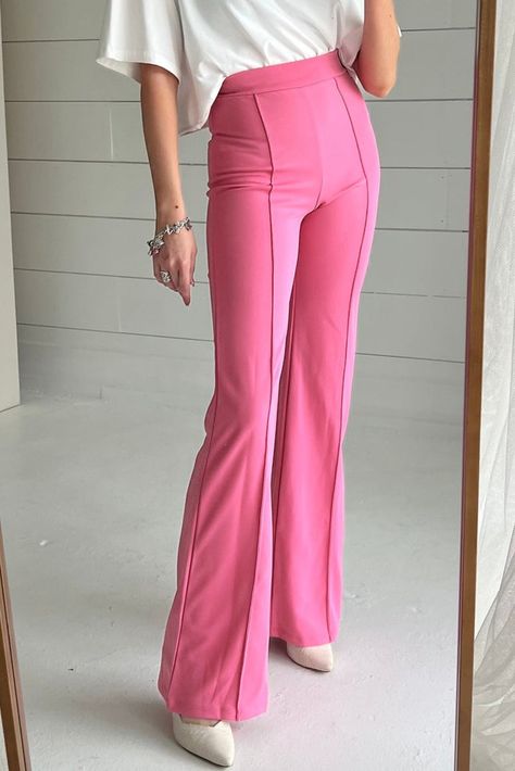 $7 Sachet Pink High Waist Central Seam Flared Pants Wholesale Trendy Trouser, Pink Trousers, High Waist Pants, Flare Trousers, Flare Leggings, Flared Pants, Cropped Style, Sleek Look, Basic Style