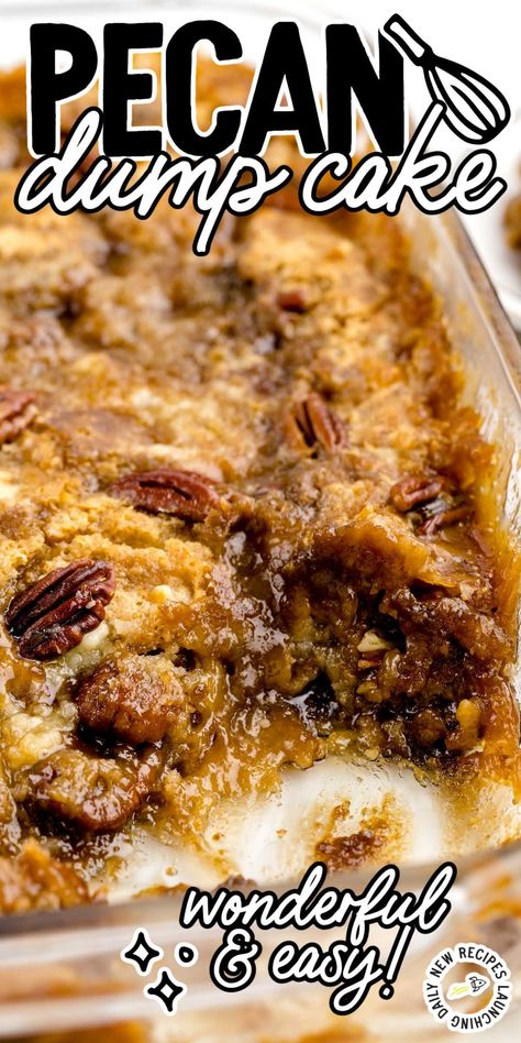 Savor the irresistible combination of sweet, caramel-like brown sugar, crunchy pecans, and effortless preparation in our pecan dump cake. Pecan Cobbler Dump Cake, Pecan Dump Cake, Pecan Desserts Recipes, Pecan Desserts, Cake Mix Desserts, Pastel Brown, Dark Brown Sugar, Dessert Simple, Crunchy Pecans