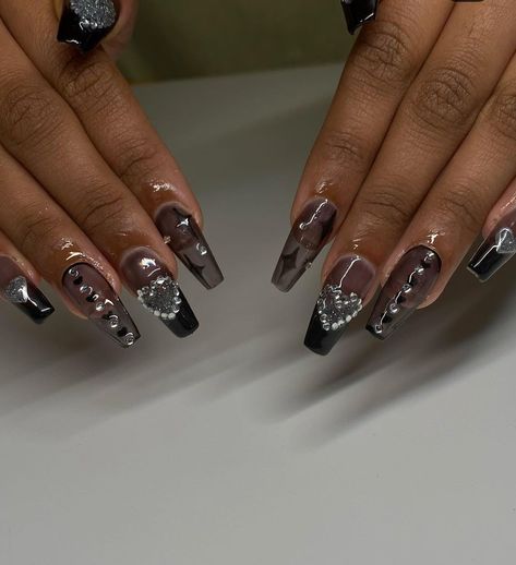 sheer black coffin nails with gems Coffin Nails With Gems, Gems Nails, Jade Nguyen, Nails With Gems, Gem Nail Designs, Rave Nails, Black Almond Nails, Birthday Nail Designs, Checkered Nails