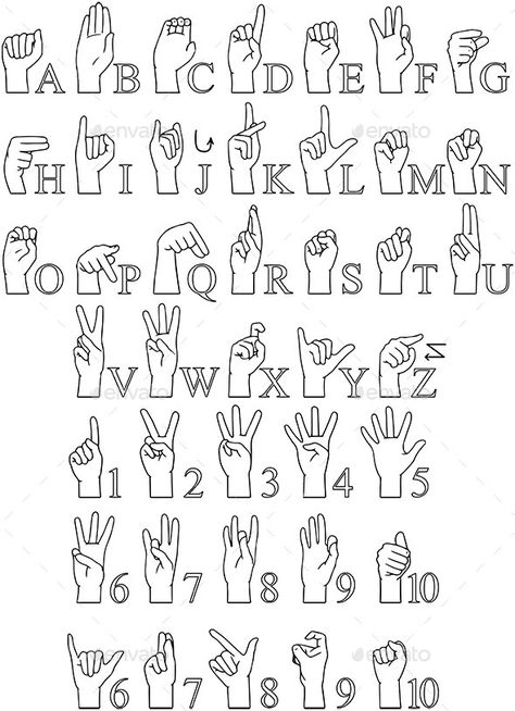 Sign Language A To Z Numbers Hands Pack Lineart Sign Language Hands, Deaf Language, English Sign Language, Sign Language Art, Hands Tutorial, Abc Worksheets, Sign Language Words, High School Art Lessons, Kindergarten Reading Worksheets