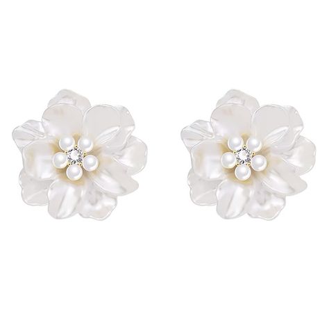 PRICES MAY VARY. Camellia Flower Pearl Stud Earrings: Enhance your look with these elegant pearl flower stud earrings, the white camellia design adds a touch of sophistication to any outfit and adds a charming feminine touch when worn. Safe Material: The timeless camellia flower stud earrings design is crafted with white pearls and high quality copper, durable, not easy to rust and corrode, easy to put on and take off, harmless to the skin, perfect for formal occasions and daily wear. Suitable f White Flower Hair Pins, Pearl Flower Earrings, White Flower Earrings, Wedding Earrings Studs, White Camellia, Statement Stud Earrings, White Flower Earring, White Pearl Earring, Camellia Flower