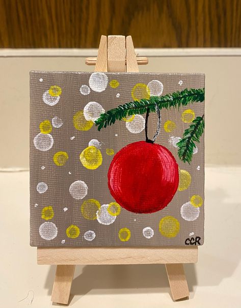 Mini Christmas ornament 3x3 wrapped canvas with mini easel Small Canvas Ornaments, Mini Canvas Christmas Ornaments, Mini Christmas Canvas Paintings, Small Christmas Paintings Mini Canvas, Tiny Christmas Paintings, Christmas Mini Paintings, Mini Canvas Christmas Paintings, Tiny Canvas Painting Ideas Easy, Mini Christmas Paintings