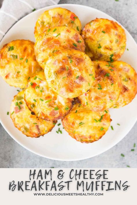 These ham and cheese muffins are a great make-ahead breakfast full of healthy and filling ingredients. Make up a batch of these egg bites on the weekend and enjoy them for grab-and-go breakfasts throughout the week. Keto Ham Egg Cheese Cups, Egg And Ham Bites Muffin Tins, Ham And Cheese Muffin Cups, Ham Egg Bites Muffin Tins, Egg Muffins Breakfast Ham, Ham And Cheese Breakfast Muffins, Ham And Cheddar Muffins, Ham And Gruyere Egg Bites, Ham And Cheese Egg White Bites