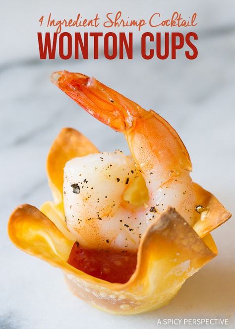 Fab 4-Ingredient Shrimp Cocktail Wonton Cups Recipe on ASpicyPerspective.com #holidays Party Dinners, Quick Apps, Holiday Buffet, Shrimp Wonton, Baby Shrimp, Wonton Cups, Shrimp Salad Recipes, Won Ton, 4 Ingredient Recipes