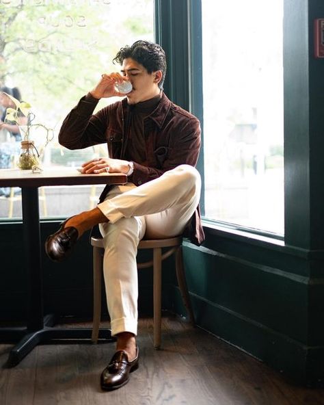 Brandon Thompson on Instagram: "Bringing this one back since it’s finally starting to feel like Fall in Atlanta… Ready to enjoy some more espresso on these cool mornings. 📸: @matthewtperez #suitsupply #menswear #sartorial #sartorialstyle #coffee #espresso #fallfashion" Morning Coffee Outfit, Brandon Thompson, Man Coffee, Men Streetstyle, Coffee Outfit, Formal Clothes, Men Coffee, Winter Styles, Coffee Espresso