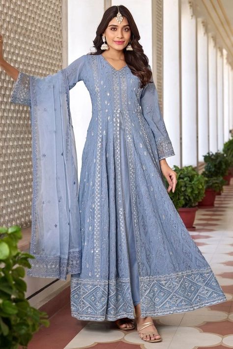 Periwinkle Embroidered Faux Georgette Pant Kameez Anarkali Designs, Celana Fashion, Anarkali Salwar, Salwar Kameez Online, Readymade Saree, Salwar Kamiz, Anarkali Gown, Elegant Embroidery, Salwar Kameez Designs