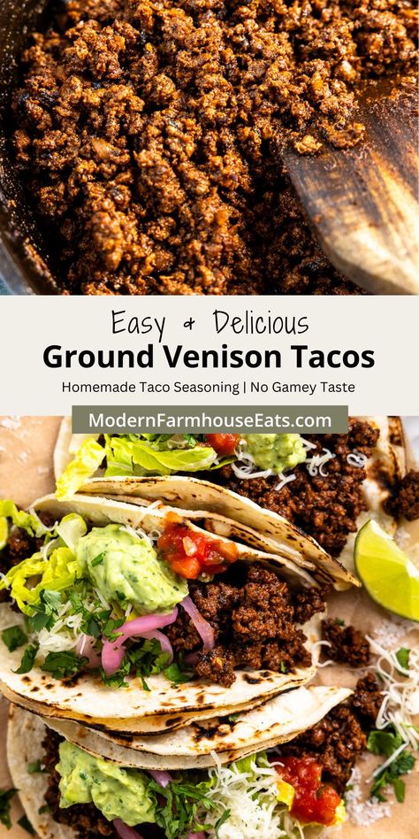 The most flavorful ground venison tacos made with a homemade seasoning blend and fresh lime juice! Serve in warm tortillas with a simple avocado lime crema and your favorite toppings for an easy weeknight family dinner ready in just 20 minutes. Elk Tacos Ground, Venison Tacos Slow Cooker, Healthy Venison Dinner Recipes, Deer Tacos Ground Venison, Simple Venison Recipes, Deer Meat Tacos, Gluten Free Venison Recipes, Ground Venison Tacos, Venison Tacos Recipes