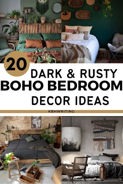 20 Dark & Rusty Boho Bedroom Decor Ideas Moody Boho Bedroom, Woodsy Bedroom, Rustic Boho Bedroom, Southwest Bedroom, Dark Boho Bedroom, Girls Boho Bedroom, Dark Green Boho, Character Creating, Moody Atmosphere