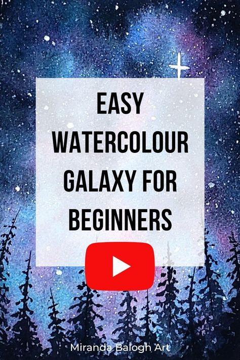 In this step-by-step tutorial, you learn how to paint an easy watercolour galaxy for beginners. As well, this video tutorial teaches you how to paint watercolour night skies with stars. To compliment the beautiful galaxy sky, you learn how to paint easy trees to create a simple watercolour landscape. So are you ready to paint with me? Then take out your art supplies and enjoy watching this watercolour galaxy tutorial for beginners! Step By Step Galaxy Painting, Starry Sky Watercolor, Watercolour Night Sky Tutorial, How To Paint A Night Sky Step By Step, Watercolor Art For Beginners Tutorials Videos, Watercolour Inspiration Landscape Easy, Stars Painting Easy, Watercolor Art For Beginners Simple Landscape, Watercolor Night Sky Tutorial