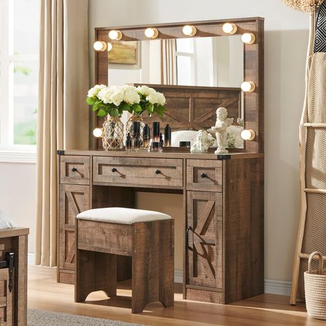 PRICES MAY VARY. Farmhouse Make up Vanity Table with Barn Doors: Designed blends farmhouse elements with a modern look, smooth lines, and classic colors scheme add a stylish touch to the rustic farmhouse. With 36''W x 24''H Spacious Aesthetics Mirror. Stool size: 16.5"W x 11"D x 17"H, Material: upholstered. Powerful Storage Capacity: Contains 3 drawers, and 2 side cabinets, make vanities have ample storage for your makeup, hair tools, cosmetics, and jewelry, get rid of messy desktops. 2 Drawers’ Custom Vanity Makeup, Western Vanity Ideas, Vanity Ideas Diy, Western Vanity, Rustic Makeup Vanity, Aesthetics Mirror, Farmhouse Makeup Vanity, Boho Vanity, Small Vanity Table