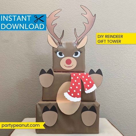 Reindeer Gift Tower, Reindeer Template, Paper Reindeer, Gift Box Christmas, Gift Towers, Reindeer Gifts, Diy Party Supplies, Kraft Paper Wrapping, Packaging Template