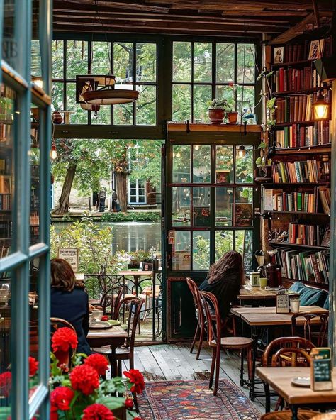 Cafe In Library, Cozy Tea Shop Aesthetic, Secret Garden Cafe Ideas, Coffee Shop In A House, Cottagecore In The City, Library With Cafe, Small Cafe Design Cozy, Book Cafe Ideas Coffee Shop, Books And Coffee Shop