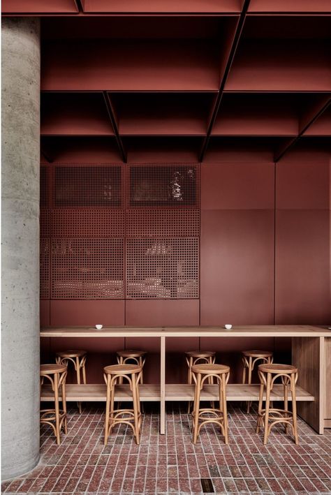 Bentwood Cafe by Ritz & Ghougassian, burgundy walls, apple red, brown red, dark red, pantone spiced apple, russet red, reddish brown Cafe Melbourne, Melbourne Cafe, Lake House Interior, Design Café, Interior Design Awards, Commercial Interior Design, Hospitality Design, Brickwork, Wall Cladding