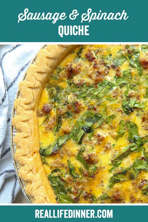 Sausage and Spinach Quiche ~ https://reallifedinner.com Sausage And Kale Quiche, Lucky Spinach Quiche, Sage Cranberry Sausage Quiche, Quiche With Sausage And Cheese, Egg And Sausage Quiche, Italian Sausage Quiche Recipes, Turkey Sausage Quiche Recipes, Sausage Mushroom Spinach Quiche, Sausage Spinach Quiche Recipes