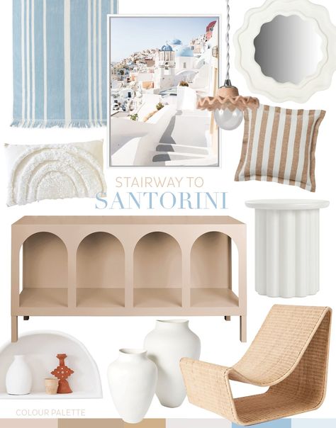 Trend: Stairway to Santorini — Adore Home Magazine Santorini Room Interior Design, Santorini Home Decor, Santorini Inspired Bedroom, Santorini Greece Interior Design, Greece Themed Room, Santorini Furniture, Greece Themed Bedroom, Santorini Style Home, Greek Home Interior