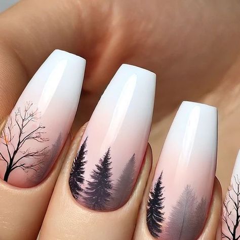 Tamara Margaryan on Instagram: "Nature-Inspired Nail Art 🌿✨  Check out this stunning nature-inspired nail art! 🌳🌸 The beautiful blend of trees and subtle profiles creates a dreamy, ethereal effect on a soft pink and white gradient. Perfect for anyone who loves unique and artistic nail designs. 💅💕  #nailart #naturenails💅 #doubleexposure #naildesign" Mountain Wedding Nails, Nails Acrylic Winter Colors, Alaska Inspired Nails, Glass Looking Nails, Nature Nail Ideas, Hard Nails Designs, Dip Nail Designs Winter, Camping Nails Designs, Christmas Nails Simple Red