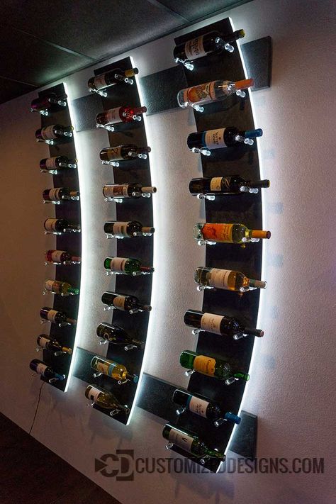 Modern Lighted Wine Bottle Rack - Bar Displays - Products & Ideas Whisky Regal, Wine Shop Interior, Wine Wall Display, Wine Storage Wall, Wine Bottle Shelf, Bar Room Decor, Bar Nook, Cart Bar, Bar Basement Ideas