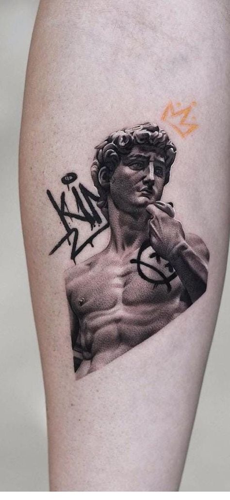 Tattoo Inspired Art, Small Realism Tattoo Men, The David Tattoo, Micro Sleeve Tattoo, Friday Kahlo Tattoo, Michelangelo Tattoo Hands, Modern Tattoo Men, Microrealism Tattoo Men, David Statue Tattoo