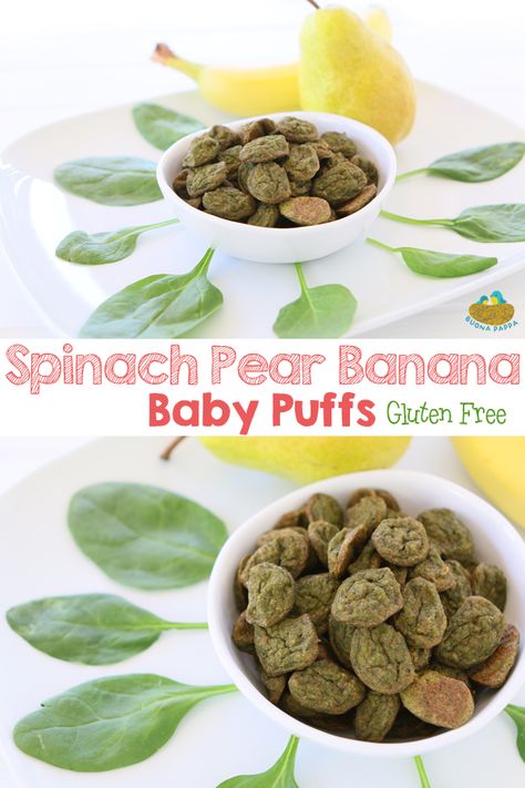 Spinach Pear Oat Banana Baby Puffs  6M Gluten Free. A baby puffs nutritious combo, loaded with vitamins, iron and protein. An healthy snack to your little one! Homemade Baby Puffs, Fingerfood Baby, Baby Food Combinations, Baby Food By Age, Baby Puffs, Baby Led Weaning Recipes, Healthy Baby Food, Baby Snacks, Healthy Food Facts