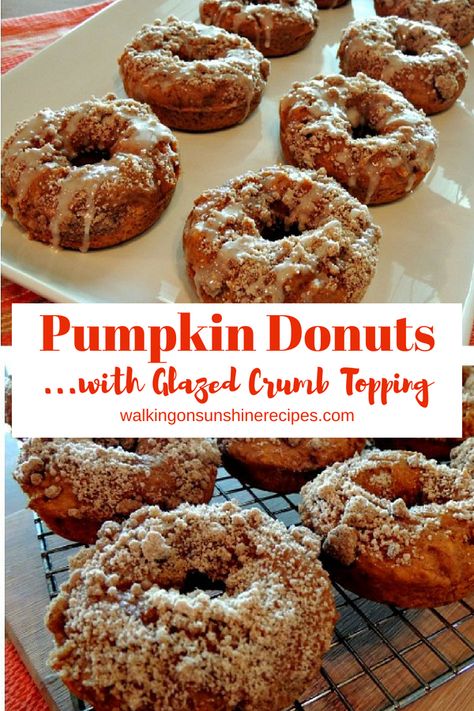 Pumpkin Glazed Donuts - made with a box of spice cake mix and then topped with a homemade crumb topping and sweet glaze are baked in the oven using a donut pan. Morning Treats, Pumpkin Spice Donut, Glazed Donuts, Pumpkin Desserts, Walking On Sunshine, Corner Cupboard, Homemade Donuts, Doughnut Recipe, Baked Donuts