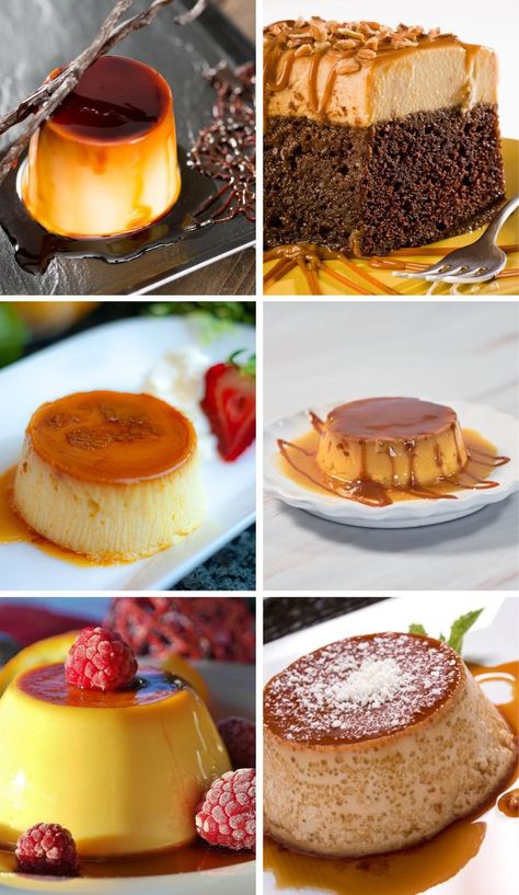 six photos of different flan decoration ideas. with fruits, with chocolate, with vanilla beans, with sugar... Fruit Sauce, Big Chocolate, Berry Sauce, How To Make Caramel, Single Serve Desserts, Different Cakes, Sheet Cakes, Fancy Desserts, Ideas For Decorating