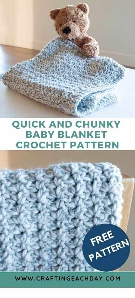 Whip up a soft and snuggly baby blanket using this quick crochet baby blanket pattern for super bulky yarn. This is a squishy and warm blanket that softens up with every washing. The blanket relies on a combination of basic stitches making this a beginner-friendly project too. Try out the Quick and Chunky Baby Blanket pattern if you need a last minute gift that won't take you forever to crochet. #crochet #crochet pattern #freecrochetpattern #crochetbabyblanket #craftingeachday Chunky Baby Blanket Crochet Pattern, Chunky Crochet Baby Blanket, Chunky Baby Blanket, Bulky Yarn Crochet, Blueberry Buckle, Chunky Baby, Creative Thoughts, Crochet Baby Blanket Free Pattern, Crochet Unique