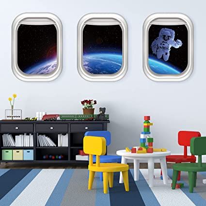 Rajahubri 3D Space Astronaut Window Wall Sticker Galaxy and Planet Fake Window Wall Decals Removable Outer Space Window View Wall Stickers Decal for Living Room Outer Space Room, Kids Mural, Space Wall Decals, 3d Wall Decals, Fake Window, Science Stickers, Galaxy Planets, 3d Space, Wall Stickers 3d