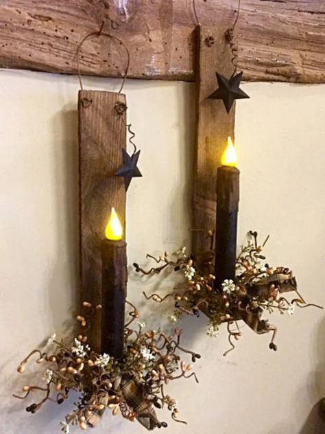 Primitive Diy, Primitive Decor Ideas, Primitive Wall Decor, Timer Candles, Primative Decor, Primitive Bathrooms, Primitive Wood Crafts, Primitive Walls, Primitive Candles