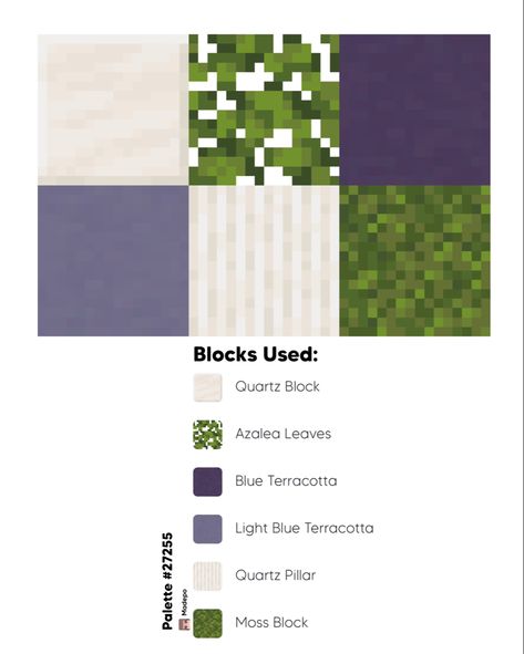 Minecraft block palette 27255 using quartz block, quartz pillar, azalea leaves, blue terracotta, light blue terracotta, and moss block. #minecraft #mcyt #aesthetic #tiktok #minecraftaesthetic #minecraftbuildingideas #minecraftbuild #color #colorpallete #palette #videogames #gamer Mud Block Houses Minecraft, Minecraft 1.20 Palette, Minecraft Village Color Palette, Minecraft Japanese Block Palette, Acacia Block Pallet Minecraft, Minecraft Block Palette Quartz, Minecraft Colors Palette, Pink Terracotta Minecraft, Quartz Pillar Minecraft