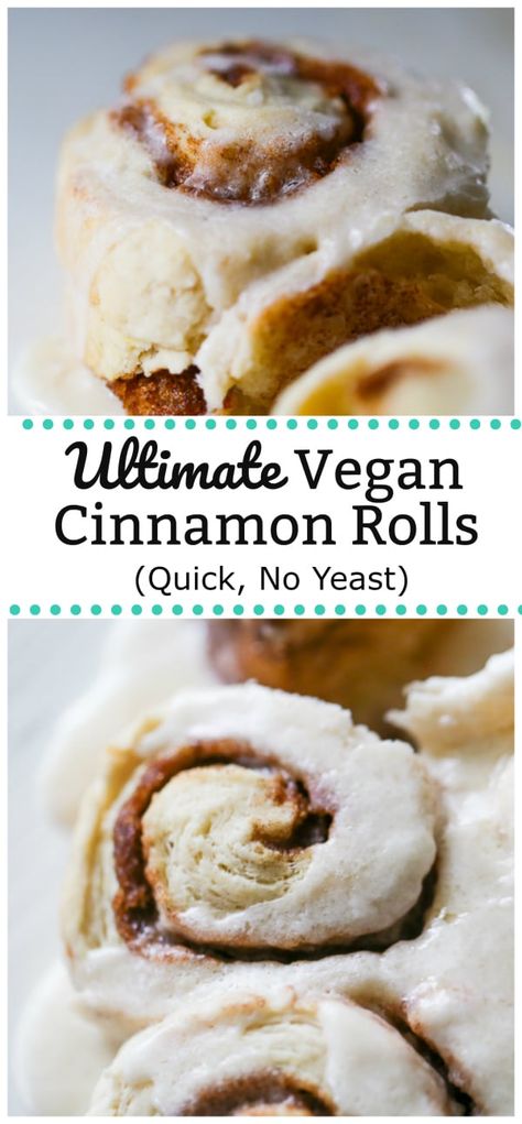 Ultimate Vegan Cinnamon Rolls (Quick, No Yeast) - These are the perfect solution to our quick cinnamon roll prayers for quick and easy ultimate, soft and fluffy Ultimate Vegan Cinnamon Rolls with no yeast, no dairy and no eggs! #vegan #vegancinnamonrolls #veganbreakfast #cinnamonrolls #quickveganbreakfast #noyeast Cinnamon Rolls Quick, No Yeast Cinnamon Rolls, Vegan Cinnamon Rolls, Cinnamon Rolls Easy, Vegan Baking Recipes, Easy Vegan Dessert, No Dairy, Cinnamon Rolls Homemade, Easy Cinnamon