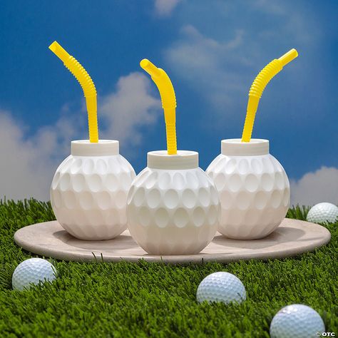 Golf Ball Molded BPA-Free Plastic Cups with Lids & Straws - 12 Ct. - Less Than Perfect | Oriental Trading Masters Party, Plastic Cups With Lids, Funny Baby Shower Gifts, Golf Birthday Party, Golf Decor, Golf Event, Cups With Lids, Golf Party, Golf Theme