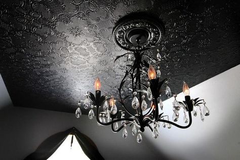 wallpaper ceiling for texture Black Ceiling Wallpaper, Black And White Wallpaper Ceiling, Black Wallpaper Ceiling, Black Textured Ceiling, Moody Wallpaper Ceiling, Textured Wallpaper Ceiling, Goth Ceiling, Black Ceiling Design, Powder Bath Decor