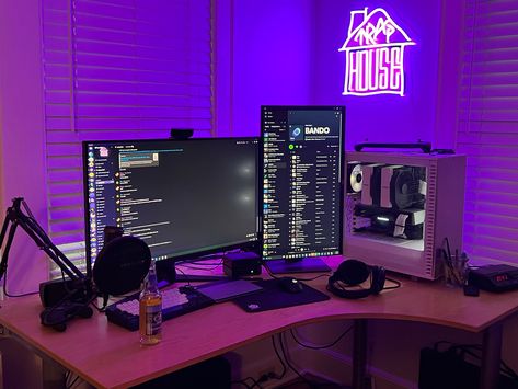 purple and white gaming desk setup with 2 monitors Triple Monitor Setup Gaming, 2 Monitor Gaming Setup, Pc Setup 2 Monitors, Gaming Setup 2 Monitors, Single Monitor Gaming Setup, Two Monitor Setup, 2 Monitor Desk Setup, Purple Gaming Setup, White Gaming Desk