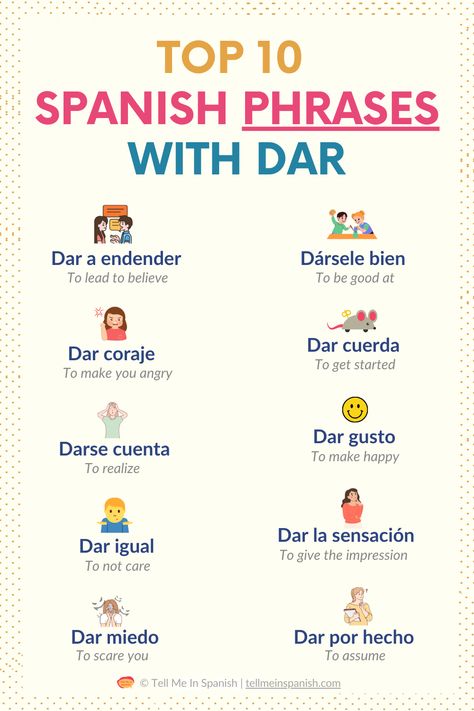 Discover the top 10 everyday Spanish phrases with the verb "dar" in this helpful guide. These essential phrases will boost your ability to speak Spanish confidently in real-life situations. Visit my website for a complete guide on the verb "dar," where we review its conjugation and key uses to enhance your Spanish skills! Spanish Adverbs, Spanish Vocabulary List, Spanish Tips, Beginner Spanish Lessons, Teach Yourself Spanish, Spanish Notes, Useful Spanish Phrases, Spanish Words For Beginners, Speaking Spanish