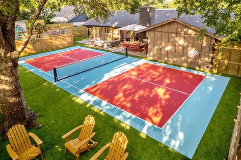 Pickleball Courts Home Basketball Court Outdoor, Diy Pickleball Court, Pickle Ball Court Backyard, Pickleball Court Backyard, Backyard Pickleball Court, Tennis Court Backyard, Oasis Resort, Zion Camping, Backyard Court