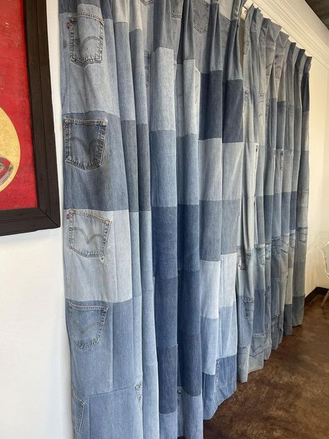 Room Curtains, Denim Patches, White Fabric, White Fabrics, Dressing Room, I Saw, Thrift Store, Quilting, Curtains