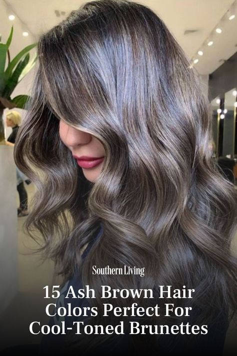 Brunettes everywhere are leaving warm tones in the dust and going for something way cooler: ash brown. This shade is the ultimate anti-brassy-inspired bronde, mixing colors like mocha brown, ashy chestnut, cool blonde, and even smoky silver-blonde. The result? The dreamiest, coolest brunette shade to try whenever you're in need of a refresh. The cool-toned color ensures that you get a touch of flattering multi-dimensional color without having to be on constant watch for brassy flare-ups. #hair #brunette #ashbrown #brunettestyles #haircolor Ash Brown Hair Color Palette, Ash Mocha Brown Hair, Ash Brown Hair With Curtain Bangs, Cool Dark Ash Brown Hair, Ash Bronde Balayage With Money Piece, Non Brassy Brunette, Brassy Hair To Ash Brown, Brunette Ash Highlights, Mushroom Balayage Brunette Bob