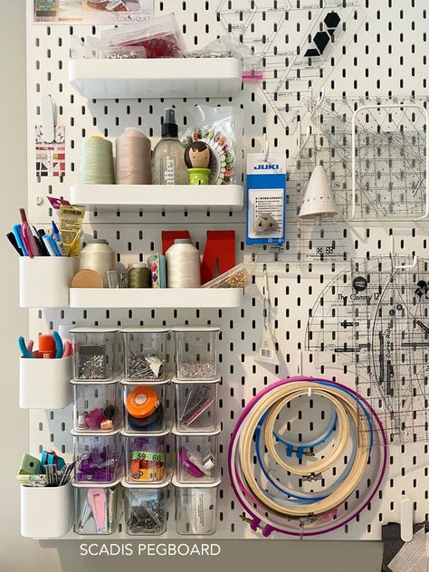 Scadis Ikea wall organizer / peg board for sewing notions in Robin Pickens studio. Wall Organizer Ikea, Peg Board Sewing Organizer, Ikea Pegboard Sewing Room, Skadis Sewing Room, Sewing Wall Organizer, Ikea Wall Organizer, Ikea Board Wall, Sewing Workshop Studio, Sewing Pegboard