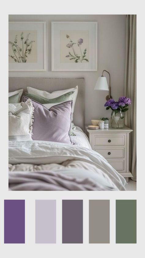 Lavender Bedroom Color Scheme, Bedroom Lilac And Grey, Cute Color Schemes Bedrooms, Lilac And Wood Bedroom, Lavender Sage Bedroom, Bedroom Color Combination Green, Cream And Lavender Bedroom, Bedroom Inspirations Color Palettes, Bedroom Decor Lavender