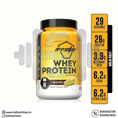 AVVATAR WHEY PROTEIN | 1KG Malai Kulfi Flavour | 28 GM Protein | 29 Servings | Isolate & Concentrate Blend @hsfnutrition #hsfnutrition ✅Experience the pinnacle of protein supplementation with our premium blend of whey protein isolate and concentrate. Each serving delivers a whopping 28g of the freshest whey protein, meticulously crafted to fuel your strength gains and foster muscle growth. ✅Harnessing the power of naturally occurring Branched-Chain Amino Acids (BCAAs) and Essential Amino ... Malai Kulfi, Whey Protein Isolate, Muscle Growth, Whey Protein, Health Supplements, Amino Acids, The Fosters, Fuel, Health