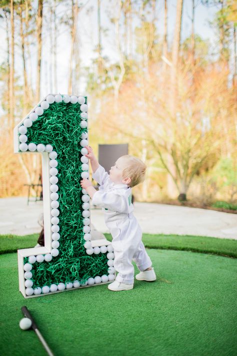 Golf Cake Smash Photography, Golf First Birthday Centerpieces, Golf First Birthday Decorations, Hole In One Party Centerpieces, Hold On One Birthday, Hole In One Birthday Decorations, Masters Themed 1st Birthday Party, Diy Golf Birthday Decorations, Hole In One Smash Cake Photos