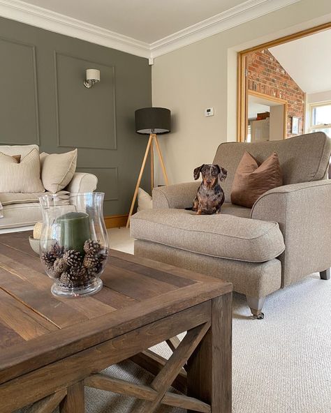 Reading spot 📚 ( #📷 @jasminecottageinthecountry ) Green And Cream Sitting Room, Green And Cream Lounge, Neutral And Sage Living Room, Taupe And White Living Room, Oatmeal Sofa Living Rooms, New Build House Decor Living Room Uk, Olive And Cream Living Room, Mink Living Rooms, Cream Sitting Room