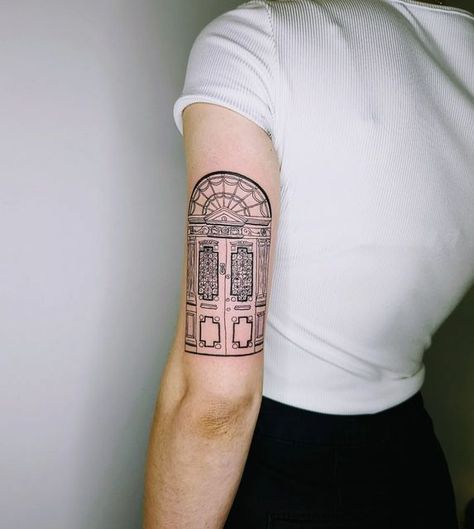 The Doors Inspired Tattoos, Dublin Tattoo Ideas, Front Door Tattoo, Georgian Tattoo Ideas, Architecture Tattoo Design, The Doors Tattoo Ideas, Georgian Tattoo, Open Door Tattoo, The Doors Tattoo