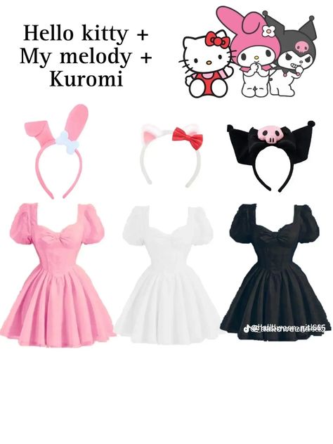 Matching Sanrio Costumes, My Melody And Kuromi Matching Outfits, Hello Kitty And Friends Halloween Costume, Trio Cosplays Ideas, Hello Kitty And Kuromi Costume, Hello Kitty And Friends Cosplay, Sanrio Costume Ideas, Hello Kitty And Friends Costume, Hello Kitty Halloween Costume Diy