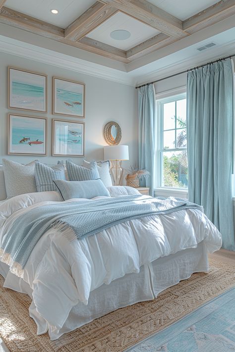 Preppy Costal Rooms, Preppy Coastal Aesthetic, Light Blue And White Bedding, Light Blue Room Decor Ideas, Medium Room Ideas, Beachy Preppy Bedroom, Blue Room Aesthetic Ideas, Beach House Rooms Bedrooms, Getting Ready Room Ideas