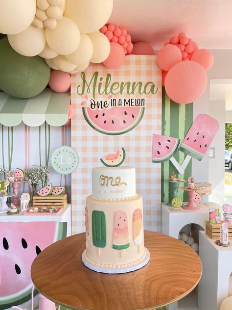 Melon First Birthday, Melon Themed Birthday Party, First Birthday Theme Summer, Summer Birthday Themes Girl, Fruit Themed First Birthday Party, Summer Baby Birthday Ideas, First Birthday Party Themes Summer, 1st Birthday Watermelon Theme, First Birthday Themes Girl Summer