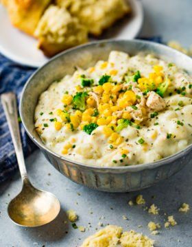 A year ago we posted our Slow Cooker Potato Broccoli Corn Chowder with Bacon and this year we've made a Chicken Potato Broccoli Corn Chowder! #chowder #soup #corn #broccoli #potato #chicken #maindish #easyrecipe Soup With Broccoli, Bacon Corn Chowder, Costco Rotisserie Chicken, Potato Broccoli, Roasted Tomato Basil Soup, Slow Cooker Potatoes, Oh Sweet Basil, Chicken Potato, Slow Cooker Stew