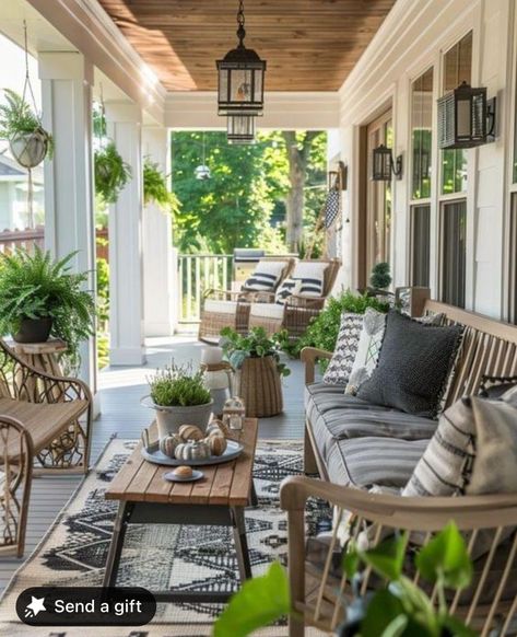 Decorate Wrap Around Porch, Front Porch Ideas Cottage, Small Porch Dining Ideas, Farmhouse Porch Planters, Tall Front Porch Ideas, Rustic Back Porch Ideas, Country Patio Farmhouse Style, Country Cottage Front Porch, Big Porch Decorating Ideas