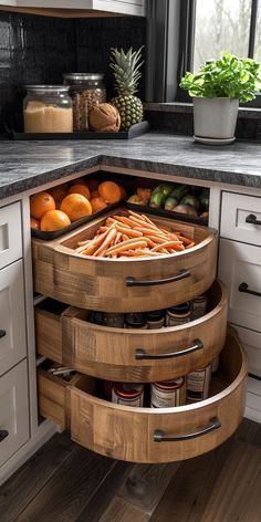 Fruit Drawer Kitchen, Small Kitchen Renovation Ideas, Corner Drawers, Dish Storage, Kitchen Pantry Design, Remodel Bathroom, Dark Kitchen Cabinets, Kitchen Inspiration Design, Pantry Design